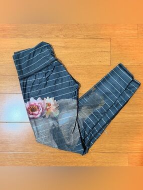 teeki Navy Striped Leggings with Pink Floral Accent